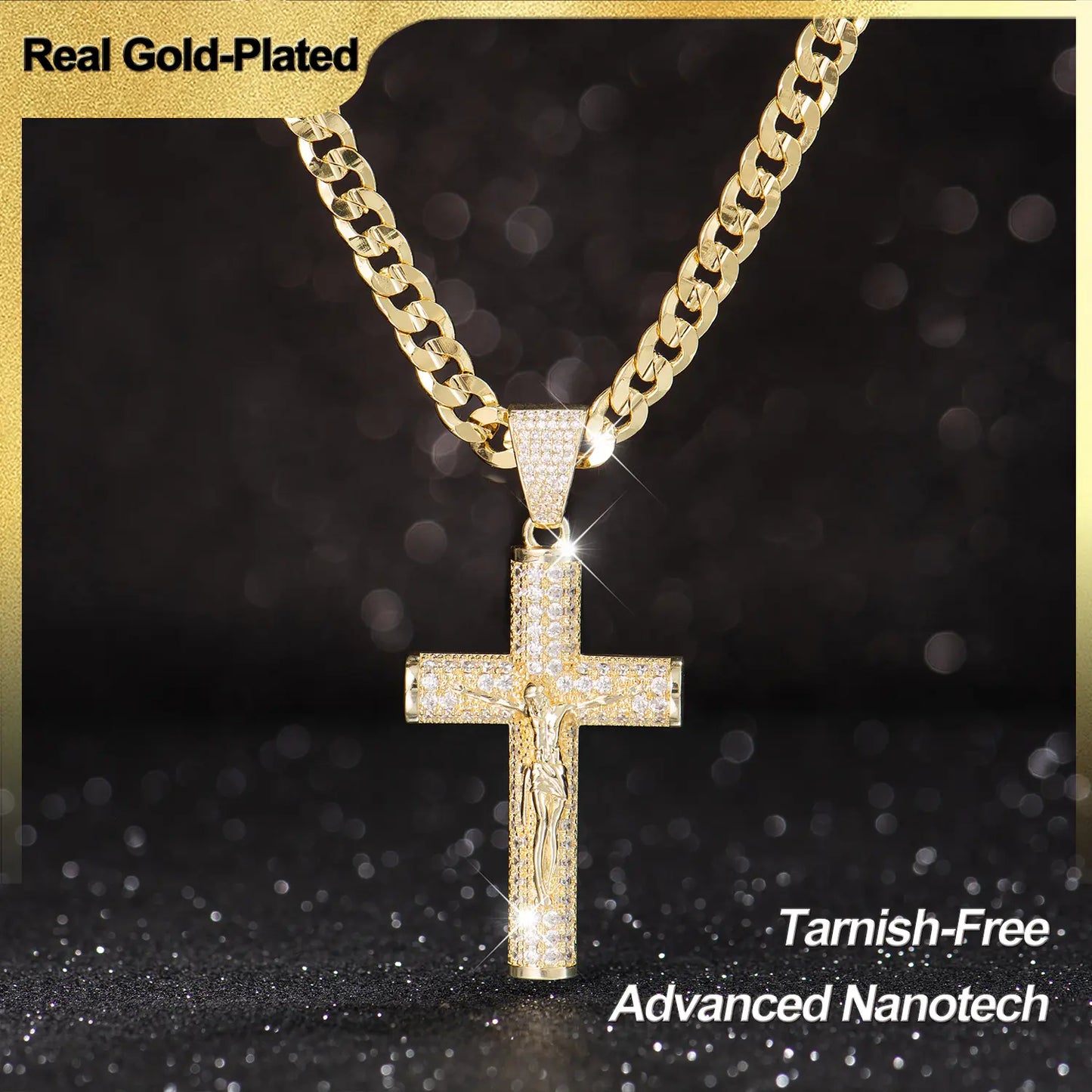 Holylegend 14k Real Gold-Plated Cuban , Figaro, Miami Cross with Jesus Christ Crucifix,24 inches Long and 6mm Wide,Handcrafted Polishing and Multiple Electroplating Daily Wear Necklace