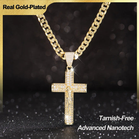 Holylegend 14k Real Gold-Plated Cuban , Figaro, Miami Cross with Jesus Christ Crucifix,24 inches Long and 6mm Wide,Handcrafted Polishing and Multiple Electroplating Daily Wear Necklace