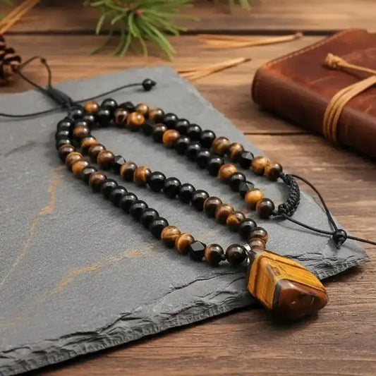 1 Piece Fashionable Retro Natural Tiger's Eye Geometric Pendant Adjustable Beaded Necklace Men's and Women's Daily Wear Jewelry Gifts