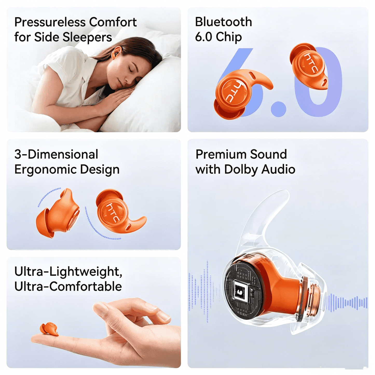 HTC NE76 Bluetooth Wireless Earbuds Sleep Earphones,Bluetooth 6.0,Noise-Canceling Earphones.Improves sleep quality,Zero pressure on the ears when sleeping on your side,Invisible flat-head earphones,Suitable for travel and side sleepers