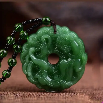 1pc Green Jade Hand-Carved Pixiu Dragon Pendant Necklace. In the East, Pixiu is a famous mythical creature believed to bring wealth. A protective and lucky amulet suitable for men and women.
