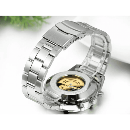 Men's Skeleton Automatic Mechanical Watch – Business & High-End Edition. Stainless Steel Band, Waterproof, Gold-Tone Dial, Self-Winding Analog Watch for Daily Wear. A Refined Gift for Him.