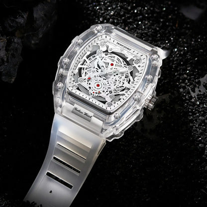 Men's Luxury Barrel-shaped Transparent Waterproof Quartz Watch for Outdoor, Back to School, Parties, Daily & Fall. Ideal Birthday, Gift with Box.