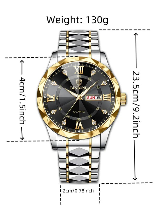 Men's Business Fashion Rhinestone Decor Analog Quartz Watch, Calendrier Waterproof Watch for Party, Daily Decor, Trendy Exquisite Watch for Birthday Gift with Box, Business Fashion Watches