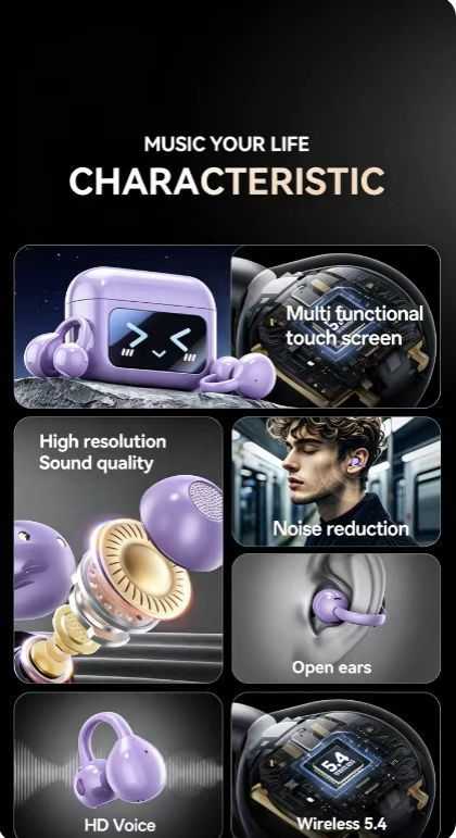 Clip-On Ear Earbuds with Audio-Visual Touch Screen, Bluetooth Wireless for Music & Calls, Sport, Compatible with Android & iOS. Features DIY Wallpaper, Multi-Language Translation, and Personalized Exclusive Experience.