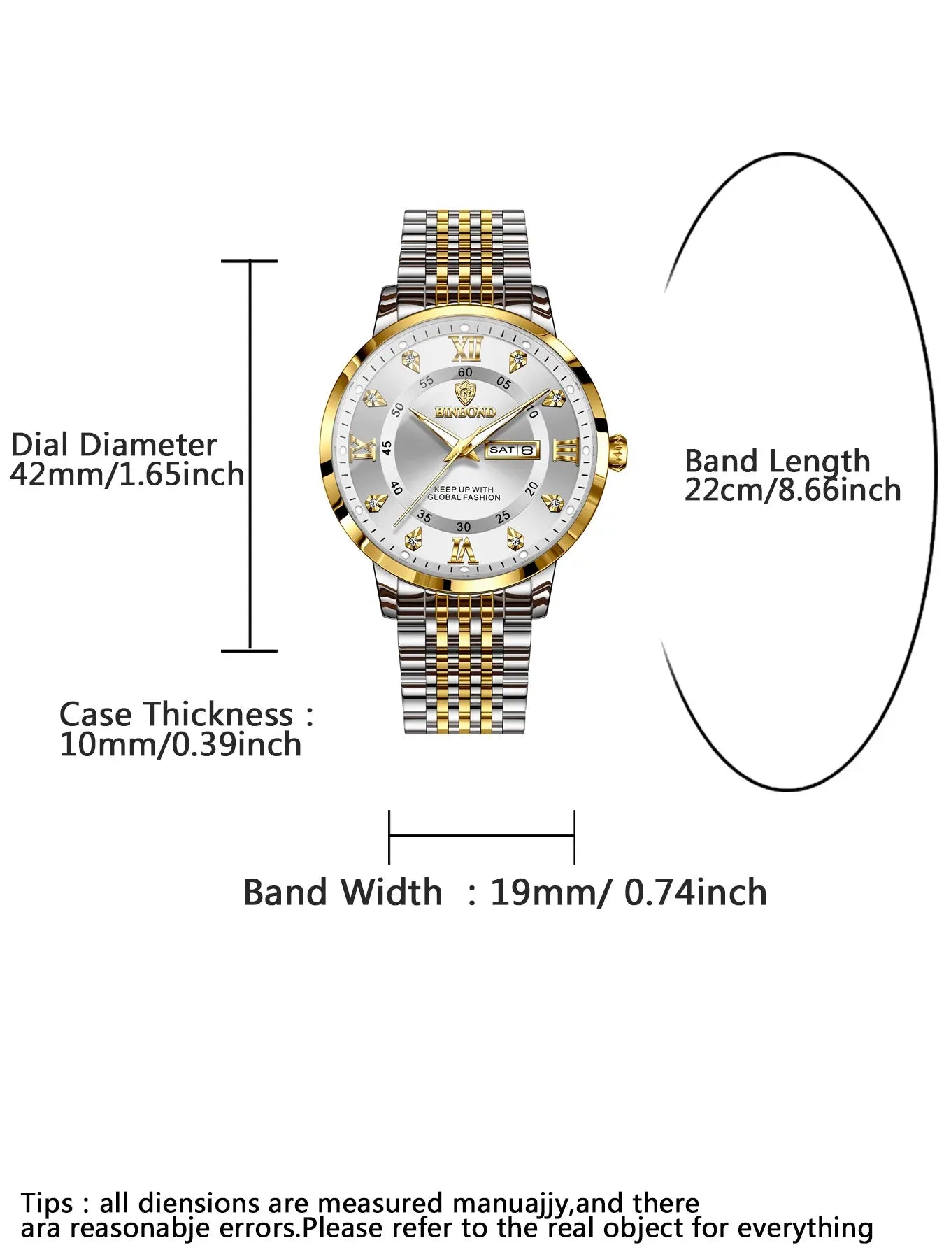 Binbond Waterproof Luminous Men's Watch, Automatic Self-Wind Quartz Wristwatch, Calendar Date Week Display, Trendy Fashion Timepiece