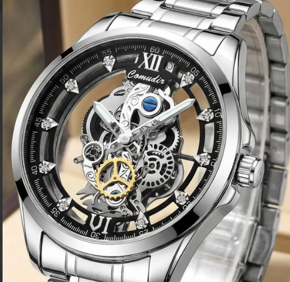Men's Silver Color Steel Strap Dual-Sided Transparent Sporty Casual Business Watch, Quartz Wristwatch, Analog Round Face, Quartz Movement, Alloy Case