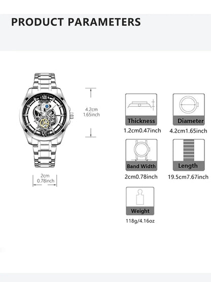 Men's Silver Color Steel Strap Dual-Sided Transparent Sporty Casual Business Watch, Quartz Wristwatch, Analog Round Face, Quartz Movement, Alloy Case