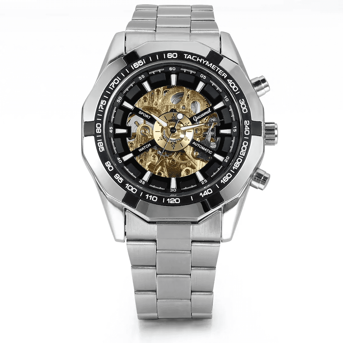 Men's Skeleton Automatic Mechanical Watch – Business & High-End Edition. Stainless Steel Band, Waterproof, Gold-Tone Dial, Self-Winding Analog Watch for Daily Wear. A Refined Gift for Him.