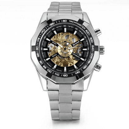 Men's Skeleton Automatic Mechanical Watch – Business & High-End Edition. Stainless Steel Band, Waterproof, Gold-Tone Dial, Self-Winding Analog Watch for Daily Wear. A Refined Gift for Him.