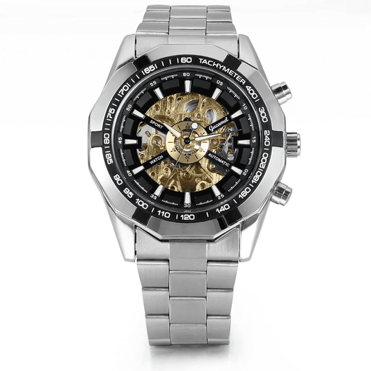 Men's Skeleton Automatic Mechanical Watch – Business & High-End Edition. Stainless Steel Band, Waterproof, Gold-Tone Dial, Self-Winding Analog Watch for Daily Wear. A Refined Gift for Him.