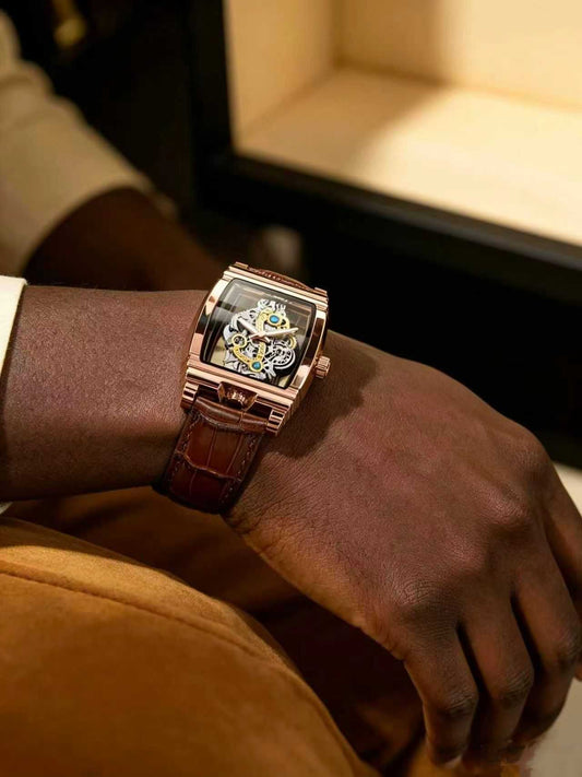 Men's Punk Fashion Barrel Shaped Leather Quartz Watch, Mechanical Style Statement Watch for Party, Daily Decor, Trendy All-match & Exquisite Watch for Birthday Gift with Box