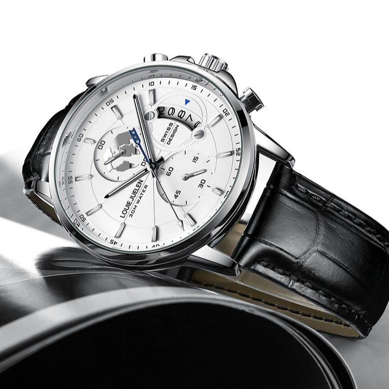 Elegant Men's Watch: Globe Design, 30m Water Resistance, Luminous Dial, Calendar & Chronograph | Stylish for Day & Business | Classic Timepiece