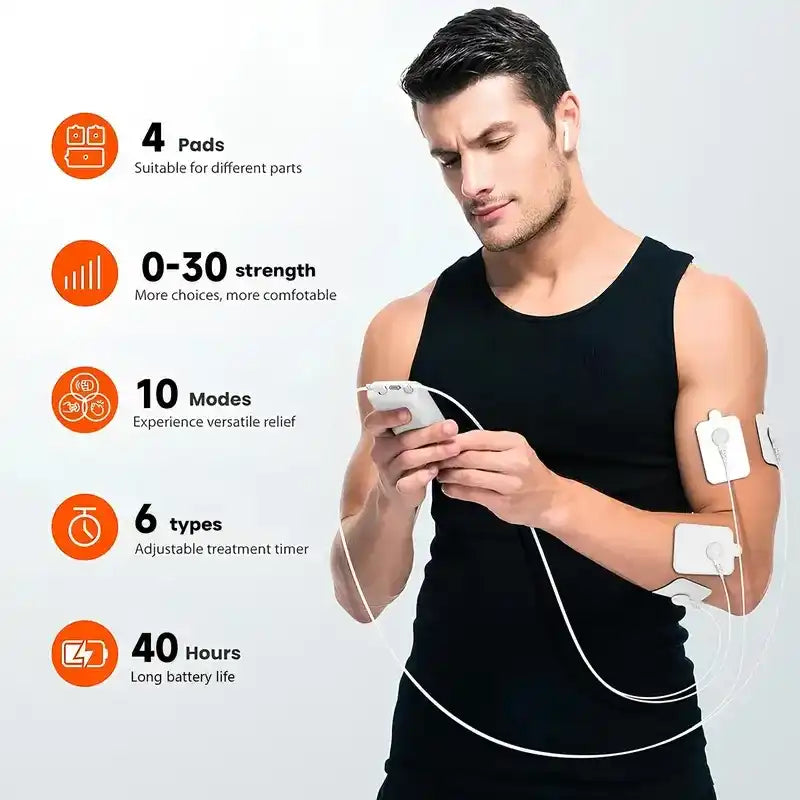 Muscle Massage Unit, 10 Modes Dual Channel, 30 Intensity Levels, Compact Rechargeable Body Massager with 4 Pads