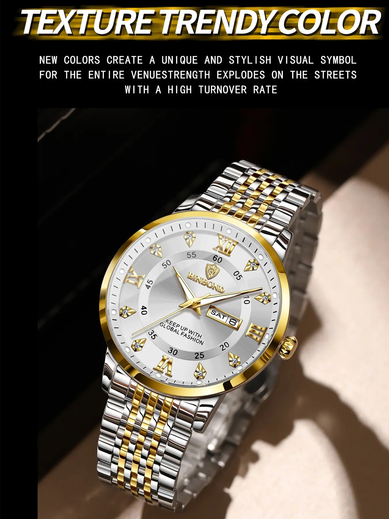 Binbond Waterproof Luminous Men's Watch, Automatic Self-Wind Quartz Wristwatch, Calendar Date Week Display, Trendy Fashion Timepiece