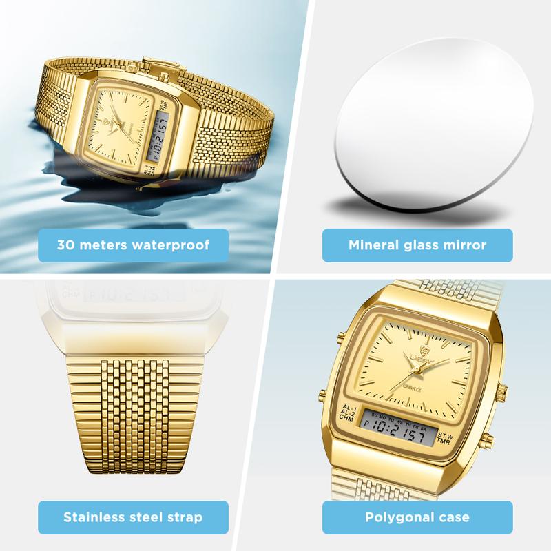 Watches for men 34.5mm x 40mm x 10.5mm case 3ATM waterproof and scratch resistant mirror dual time zone fashionable gold watch multifunctional timing alarm clock digital sports watch couple's New Year gift