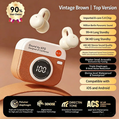 Retro Brown Soft Silicone Clip-On Wireless Earphones, Power Display, 99H Battery IP68 Waterproof, 8-Level ANC BT5.4 Directional Sound, Hi-Fi 4K Stereo 360° Panoramic Audio, Dual Driver Denoise, Ultra-Low Latency, Sports & All Phones Compatible