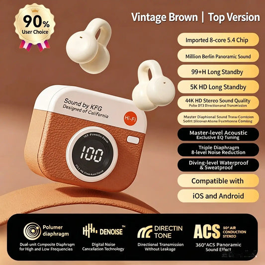 Retro Brown Soft Silicone Clip-On Wireless Earphones, Power Display, 99H Battery IP68 Waterproof, 8-Level ANC BT5.4 Directional Sound, Hi-Fi 4K Stereo 360° Panoramic Audio, Dual Driver Denoise, Ultra-Low Latency, Sports & All Phones Compatible