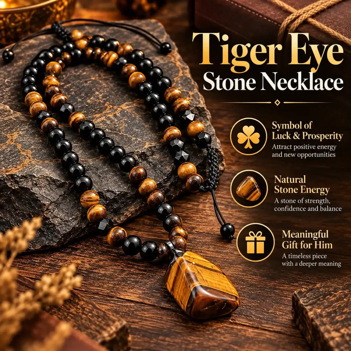 1 Piece Fashionable Retro Natural Tiger's Eye Geometric Pendant Adjustable Beaded Necklace Men's and Women's Daily Wear Jewelry Gifts