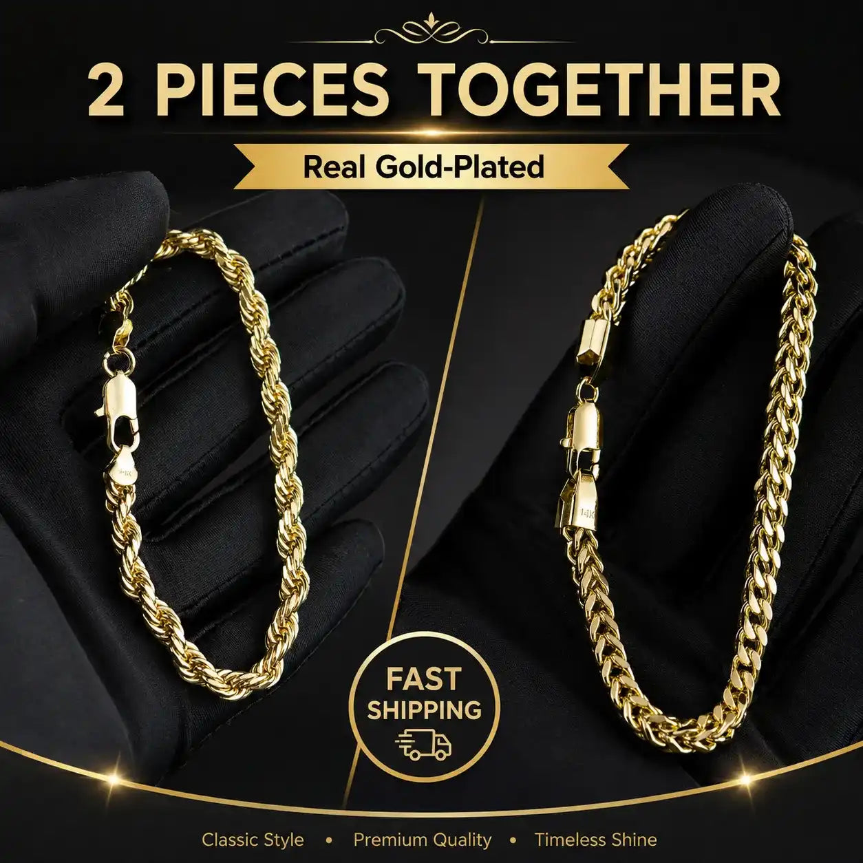 14K Real Gold-Plated 2pcs Bracelet Set (Braided Twist Rope + Bold Cuban Curb Chain) - Gift Box Packaged | Get 2 Bracelets for the Price of 1, No Extra Cost!