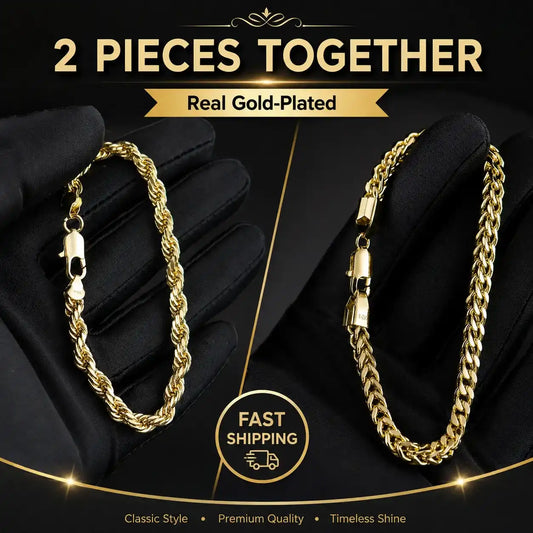 14K Real Gold-Plated 2pcs Bracelet Set (Braided Twist Rope + Bold Cuban Curb Chain) - Gift Box Packaged | Get 2 Bracelets for the Price of 1, No Extra Cost!