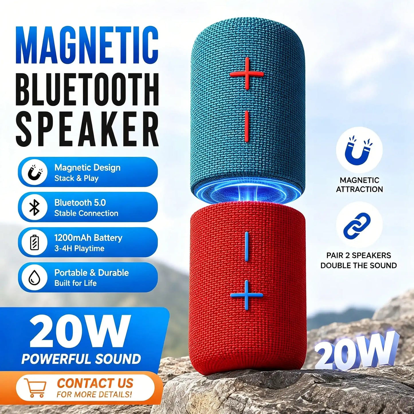 Portable Bluetooth Speaker with Magnetic 2-in-1 Design IPX4 Water Resistant 10H Playtime TWS Pairing BT5.3 FM Radio for Home Party Outdoor Beach Audio Stereo 20W Subwoofer Dophin Audio