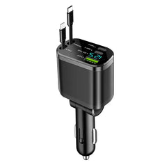 5-in-1 retractable vehicle charger, 66-watt USB-C fast charger adapter, equipped with Lightning data cable and three interfaces, suitable for devices such as Samsung, TECNO, Infinix, Itel, HMD Nokia, Apple (iPhone/iPad), Xiaomi, Laptops