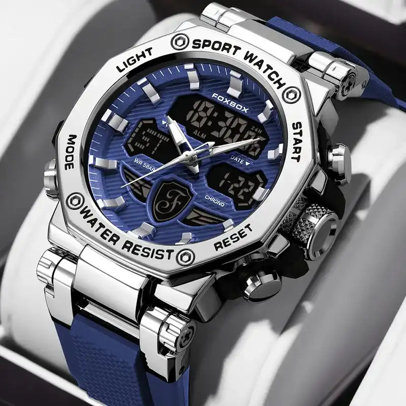 Men's Business Digital Watch Gift – 2026 Multifunctional Dual-Display, 50m Waterproof, Chronograph, Backlight, Blue Dial Stainless Steel, Outdoor Casual Style, with Gift Box – Ideal Birthday & Business Choice