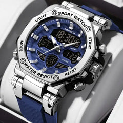 Men's Business Digital Watch Gift – 2026 Multifunctional Dual-Display, 50m Waterproof, Chronograph, Backlight, Blue Dial Stainless Steel, Outdoor Casual Style, with Gift Box – Ideal Birthday & Business Choice