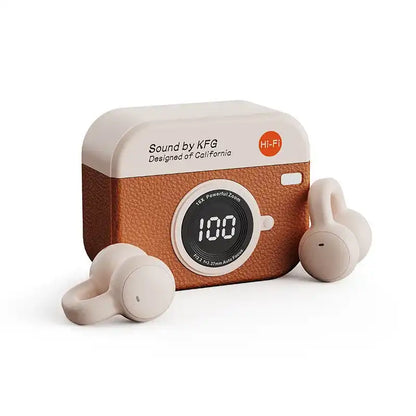 Retro Brown Soft Silicone Clip-On Wireless Earphones, Power Display, 99H Battery IP68 Waterproof, 8-Level ANC BT5.4 Directional Sound, Hi-Fi 4K Stereo 360° Panoramic Audio, Dual Driver Denoise, Ultra-Low Latency, Sports & All Phones Compatible