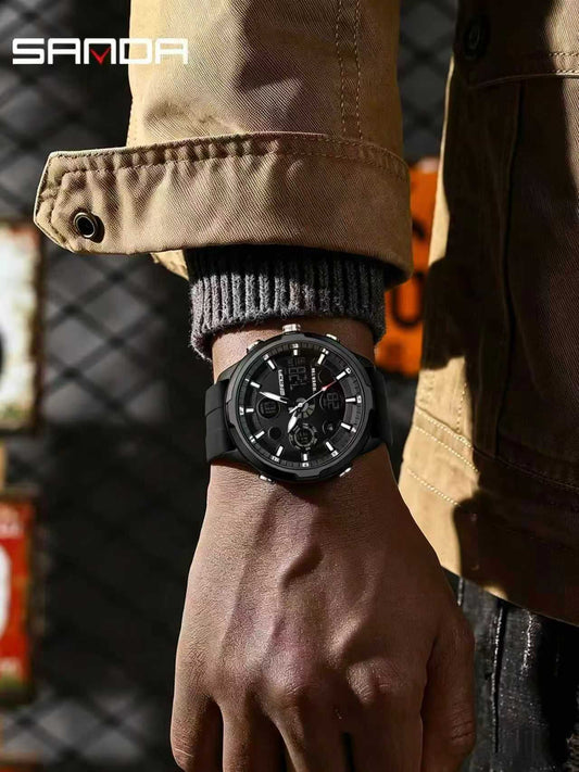 Men's Fashion Quartz Analog Digital Watch, Casual Round Dial Digital Watch with Luminous Alarm, Water-resistant Multifunctional Wristwatch with Box, Luminous Waterproof Watch
