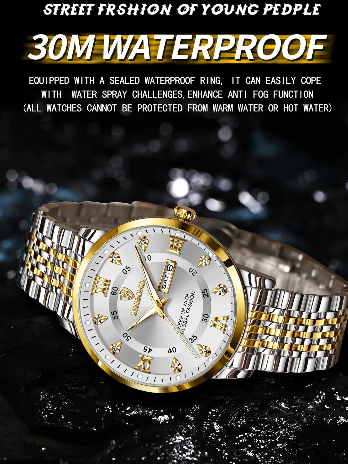Binbond Waterproof Luminous Men's Watch, Automatic Self-Wind Quartz Wristwatch, Calendar Date Week Display, Trendy Fashion Timepiece