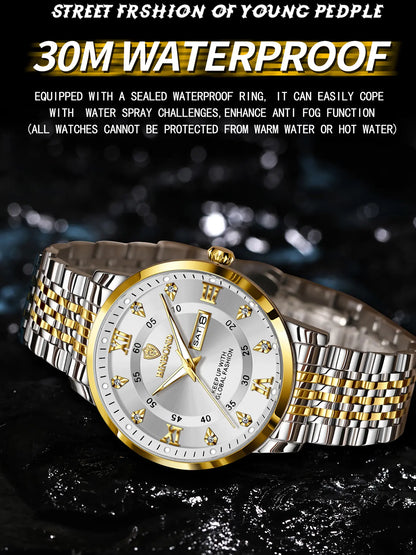 Binbond Waterproof Luminous Men's Watch, Automatic Self-Wind Quartz Wristwatch, Calendar Date Week Display, Trendy Fashion Timepiece