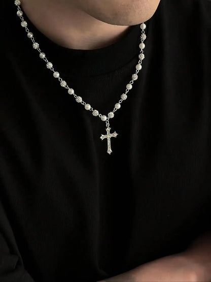 Vintage-Style Faux Pearl Necklace with Rhinestone Cross Pendant, Men's Hip Hop Punk Jewelry, Bling Faux Pearl Chain Necklace