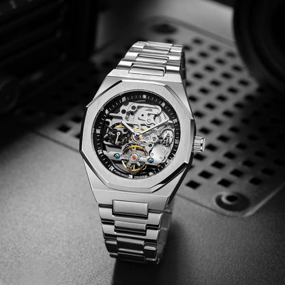 Men's Classic Business Rhinestone Decorated Analog Mechanical Watch, Fashion Watches for Men, Luminous Hands Watch for Party, Daily Clothing Decor, Watch for Birthday Gift with Box, Stainless Steel Wristwatch