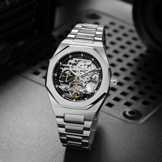 Men's Classic Business Rhinestone Decorated Analog Mechanical Watch, Fashion Watches for Men, Luminous Hands Watch for Party, Daily Clothing Decor, Watch for Birthday Gift with Box, Stainless Steel Wristwatch