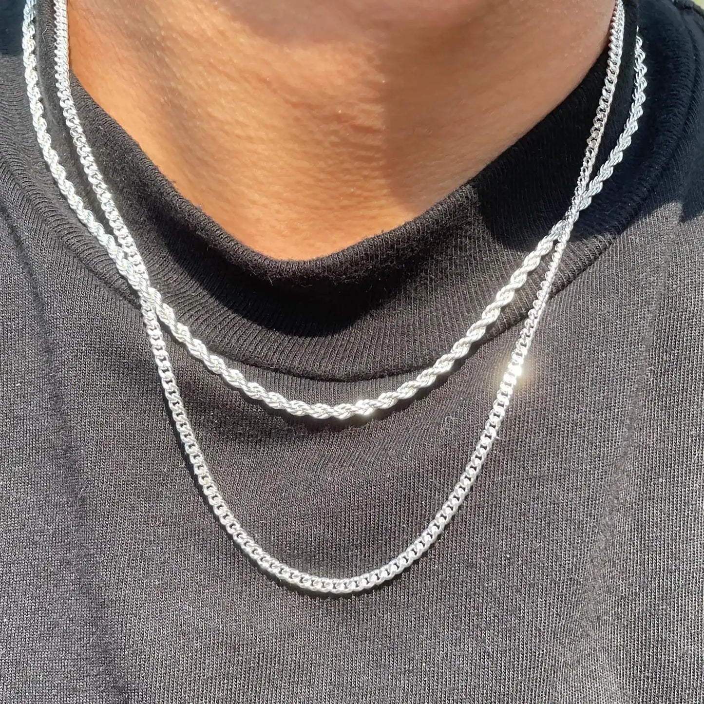 Tewiky Greenish Spring Trendy 2Pcs 3mm Chain Necklace for Men Silver Layered Cuban Link Rope Necklaces Set Simple Jewelry Gift 18-28 Inches Present Jewelry