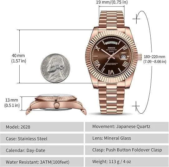 NIBOSI Men's Luxury Dress Watch 40mm rose gold Dial Stainless Steel Band Rotating Quartz Analog Waterproof Luminous Big Face Boss Wrist Watch