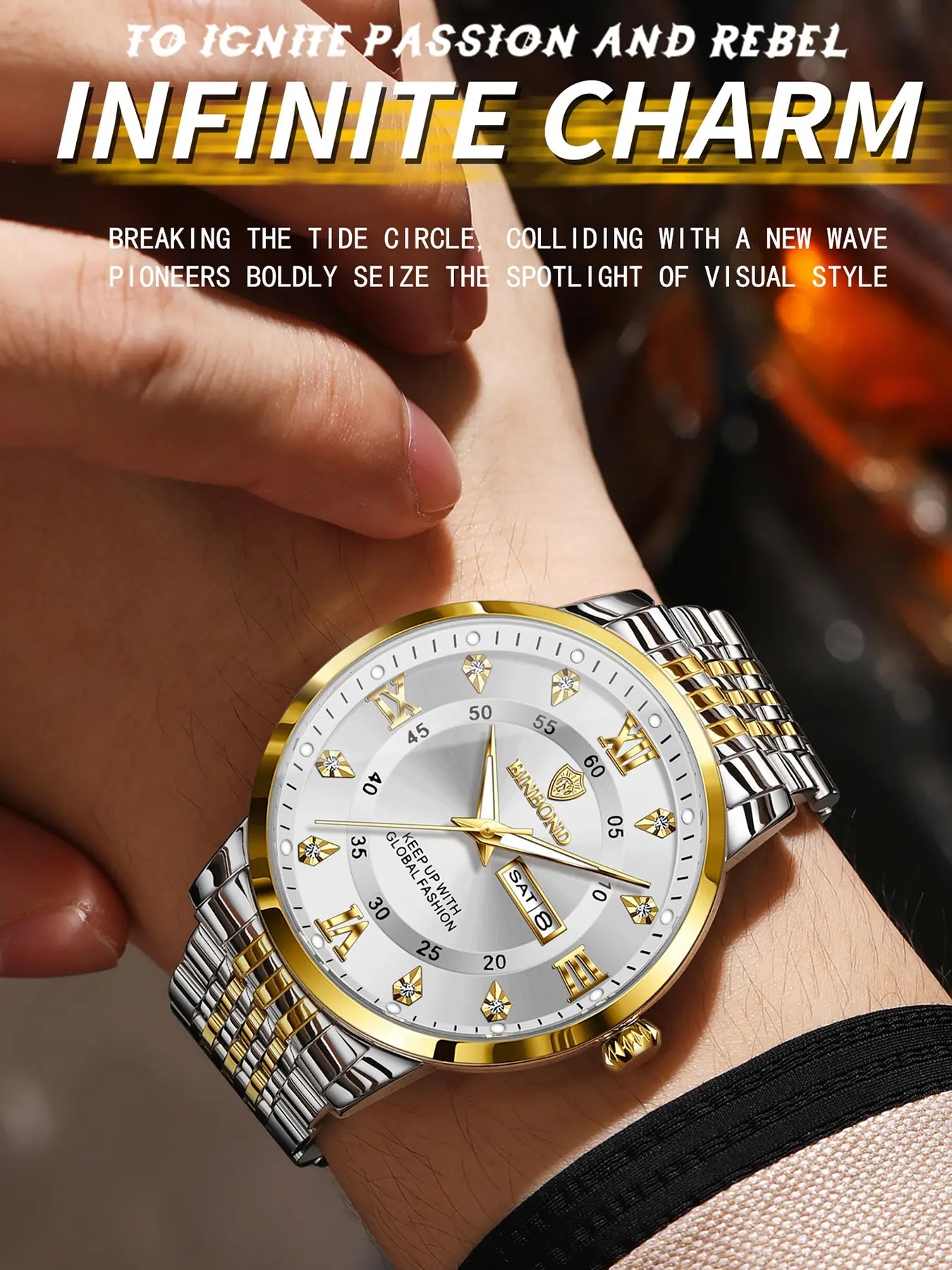 Binbond Waterproof Luminous Men's Watch, Automatic Self-Wind Quartz Wristwatch, Calendar Date Week Display, Trendy Fashion Timepiece