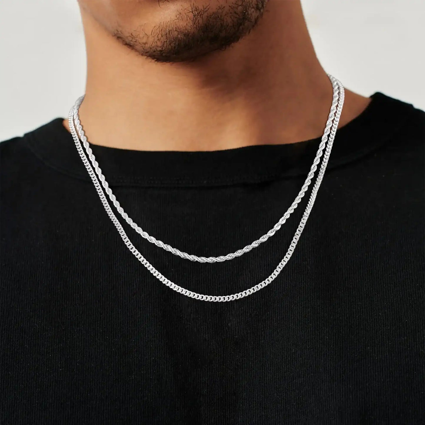 Tewiky Greenish Spring Trendy 2Pcs 3mm Chain Necklace for Men Silver Layered Cuban Link Rope Necklaces Set Simple Jewelry Gift 18-28 Inches Present Jewelry