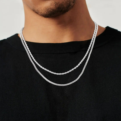 Tewiky Greenish Spring Trendy 2Pcs 3mm Chain Necklace for Men Silver Layered Cuban Link Rope Necklaces Set Simple Jewelry Gift 18-28 Inches Present Jewelry