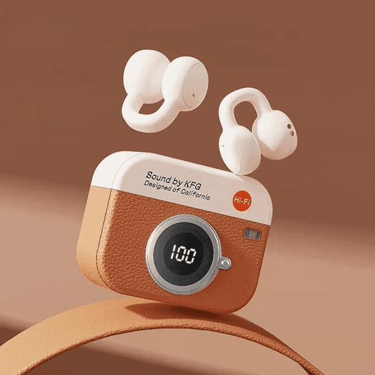 True Wireless Bluetooth-Compatible Headphones – Vintage Camera-Inspired Design, Open-Back Style, Condenser Mic, Compatible with PC/Laptop/Android/iPhone, Lithium Battery Included. An Ideal Gift Choice for Any Occasion.