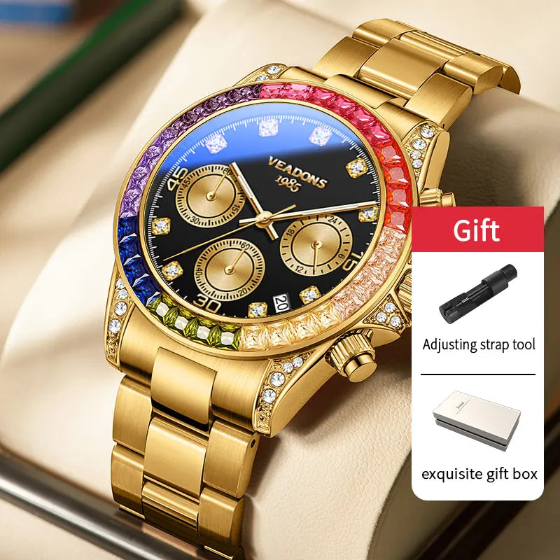 VEADONS Men's Business Fashion Rhinestone Decorated AnalogQuartz Watch Rainbow Crystal Chronograph Quartz Movement Luminous Date WaterResistant for Party Daily Wear Birthday Gift with Box
