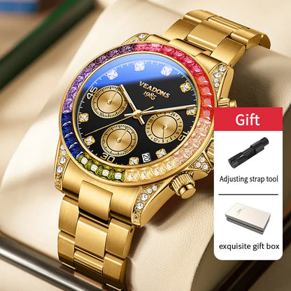 VEADONS Men's Business Fashion Rhinestone Decorated AnalogQuartz Watch Rainbow Crystal Chronograph Quartz Movement Luminous Date WaterResistant for Party Daily Wear Birthday Gift with Box