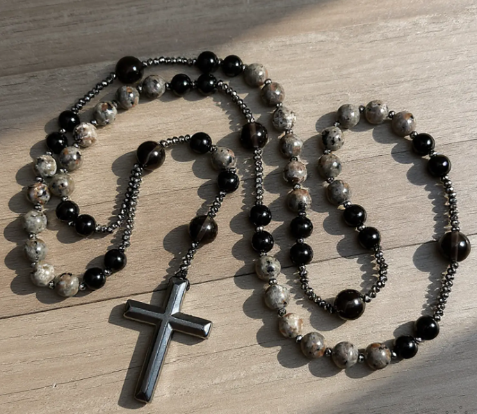Natural Obsidian Yooperlite Rosary Necklace UV Reactive Protection Necklace Hematite Stone Cross Pendant Necklace Gift for her, gift for him