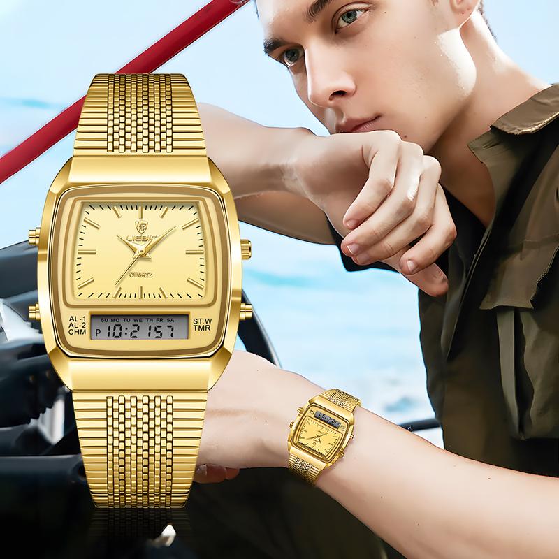 Watches for men 34.5mm x 40mm x 10.5mm case 3ATM waterproof and scratch resistant mirror dual time zone fashionable gold watch multifunctional timing alarm clock digital sports watch couple's New Year gift