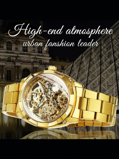1pc Royal Luxury Skeleton Automatic Mechanical Watch for Men Luminous Hands Top Brand Stainless Steel Strap Business Casual Square Retro Mens Watches Festival Birthday Gifts With Box Stainless Steel Wristwatch