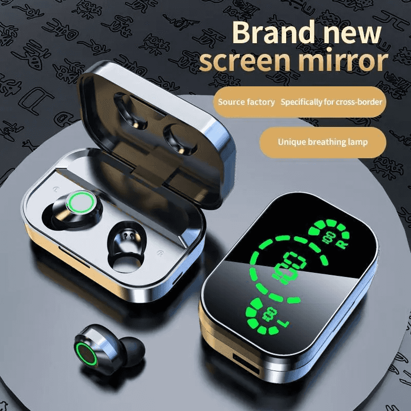 Mirror Display YD03 Bluetooth Earbuds – Premium High-Gloss Mirror Finish, LED Touch Screen, Large-Capacity In-Ear Design with Built-in Power Bank for Phone Charging. Perfect Gift for Friends.