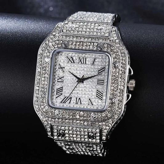 A square-shaped men's quartz watch featuring a starry sky design on the dial, stainless steel strap, diamond embellishments, and Roman numerals, Modern Fashionable Wristwatch, Casual Trendy Wristwatch, Quartz Analog Watches