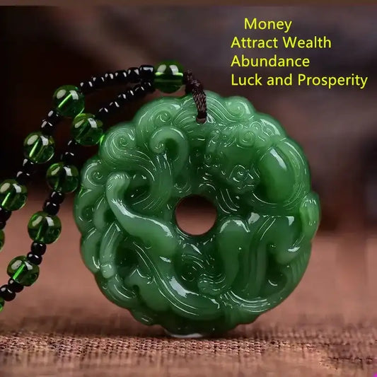 1pc Green Jade Hand-Carved Pixiu Dragon Pendant Necklace. In the East, Pixiu is a famous mythical creature believed to bring wealth. A protective and lucky amulet suitable for men and women.